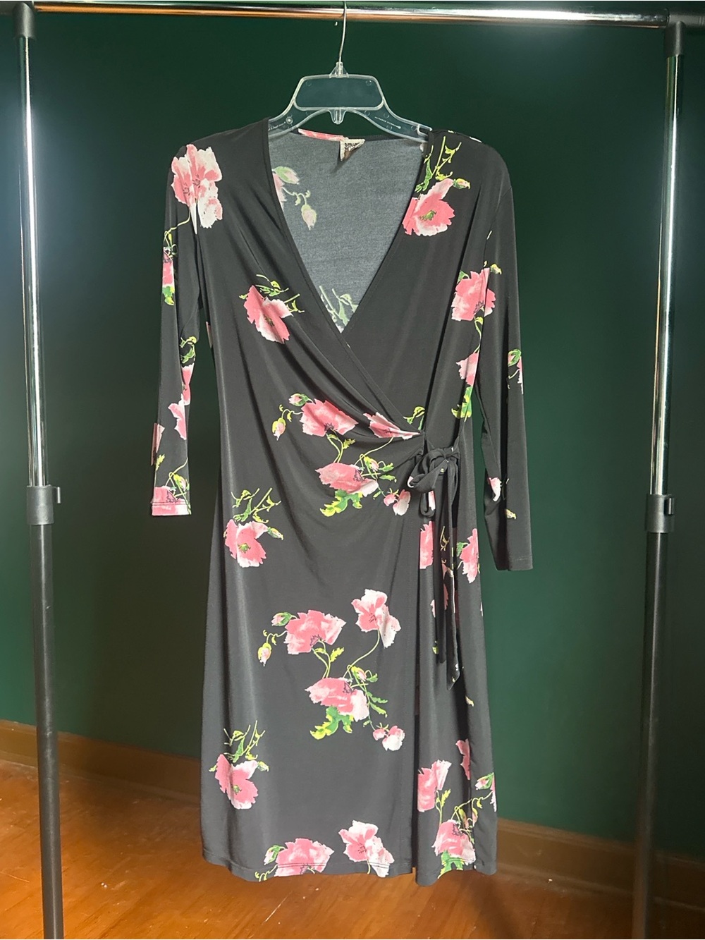 Anne Klein Black Wrap Dress with Pink Floral Print